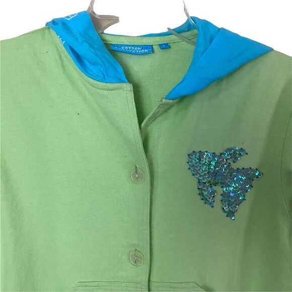 Cotton Connection Blue Aqua Chartreuse Sequined Fish Button up Hoodie - Picture 2 of 6